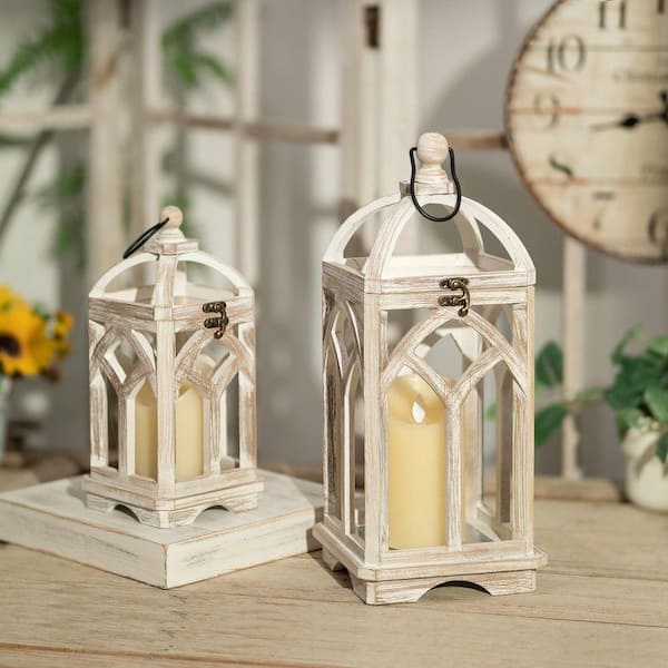 MOEPISY 11 in. and 15 in. H Washwhite Wooden Farmhouse Lanterns