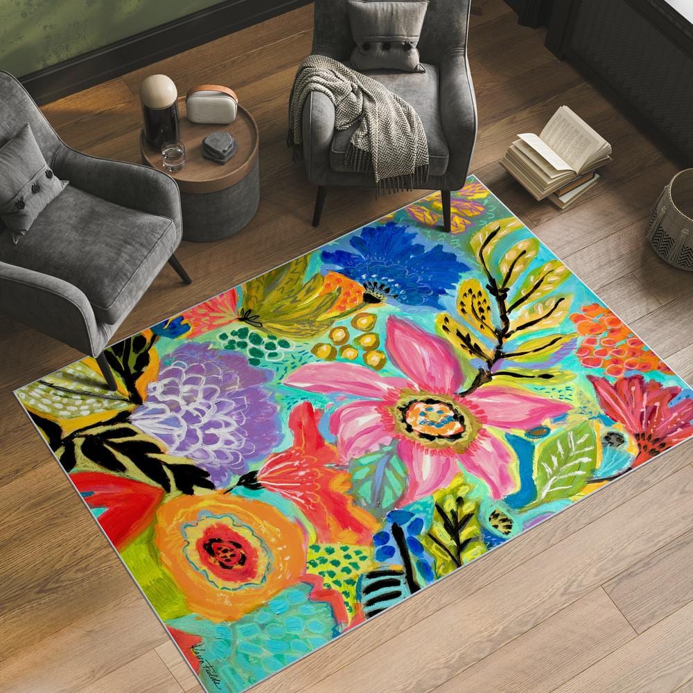 Secret Garden Blue Floral Washable Synthetic Area Rug 5' x 7'