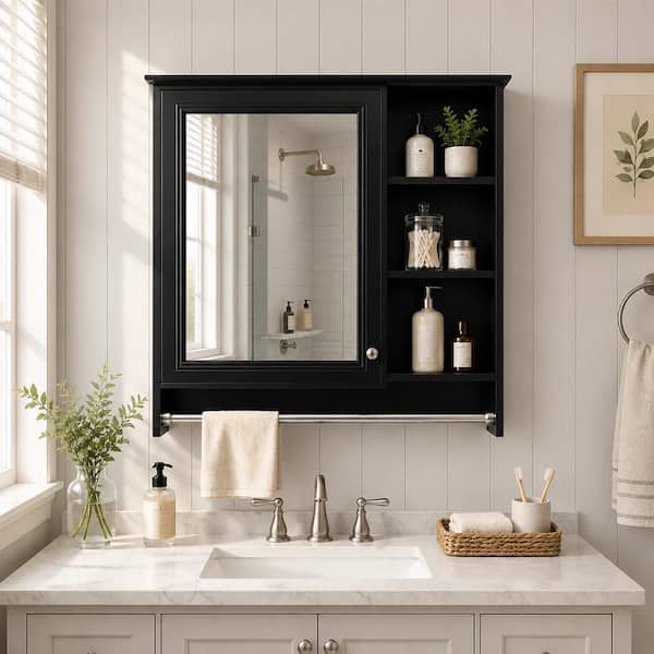 Nora 30 in. W x 28 in. H Rectangular MDF Surface Mount Framed Medicine Cabinet with Mirror in Black