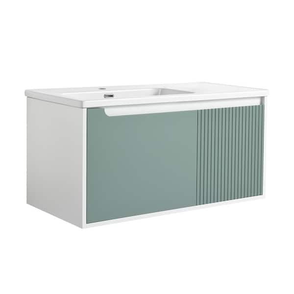 Unbranded 39.56 in. W x 19.87 in. D x 20.06 in. H Single Sink Floating Bath Vanity in Mint Green with White Ceramic Sink Top