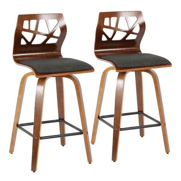 Lumisource Folia 26 in. Walnut Wood and Charcoal Fabric Counter Stool (Set of 2)