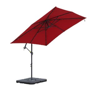 8.3 ft. Square Steel Pole Cantilever Patio Umbrella Outdoor Market Umbrella in Red with LED Lights & Base