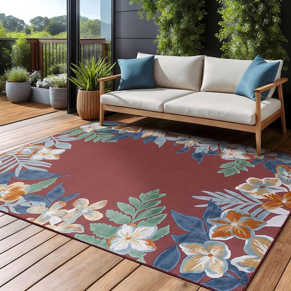 Eden  8 ft. x 10 ft. Red Washable Border Floral Indoor Outdoor Area Rug