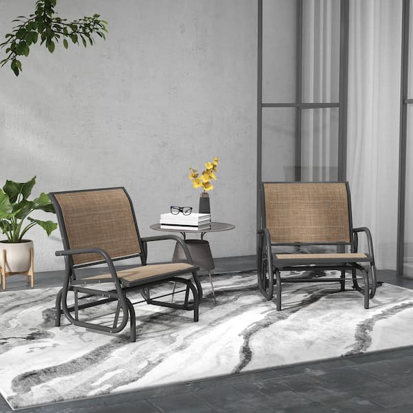 Unbranded Brown Metal Outdoor Porch Glider Chairs with Breathable Mesh Fabric for Garden, Poolside, Backyard, Balcony (Set of 2)