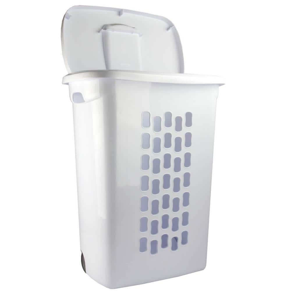 White Plastic Upright Laundry Hamper with Wheels and Lid