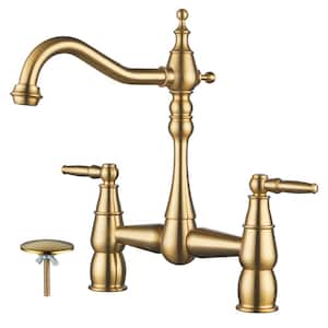 Double Handle Bridge Kitchen Faucet with Sink Hole Cover in Brushed Gold
