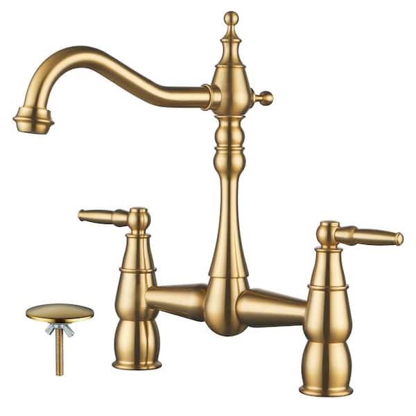 ALEASHA Double Handle Bridge Kitchen Faucet with Sink Hole Cover in Brushed Gold