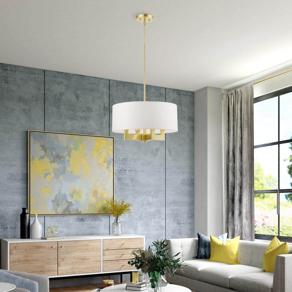 Mini Drum Satin Brass 4-Light Chandelier with Off-White Shade