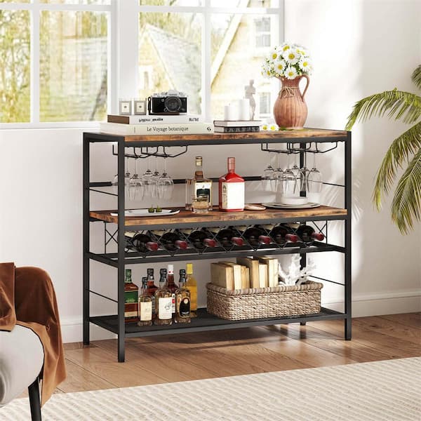 7-Bottle Brown 41 in. Wine Rack with 4-Glass Holders Wide Countertop Middle and Bottom Storage Shelves