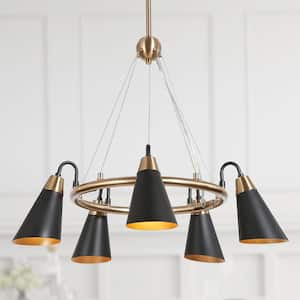 Flumie 5-Light Modern Round Black Chandelier, Industrial Brass Gold Adjustable Chain Hanging Pendant with Metal Cone