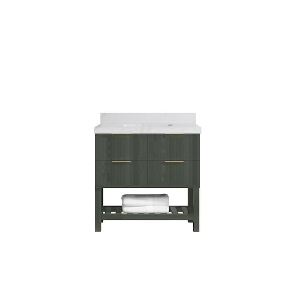 Willow Collections Catalina 36 in. Single Sink Freestanding Pewter Green Bath Vanity with Calacatta Sienna Qt. Top Unassembled