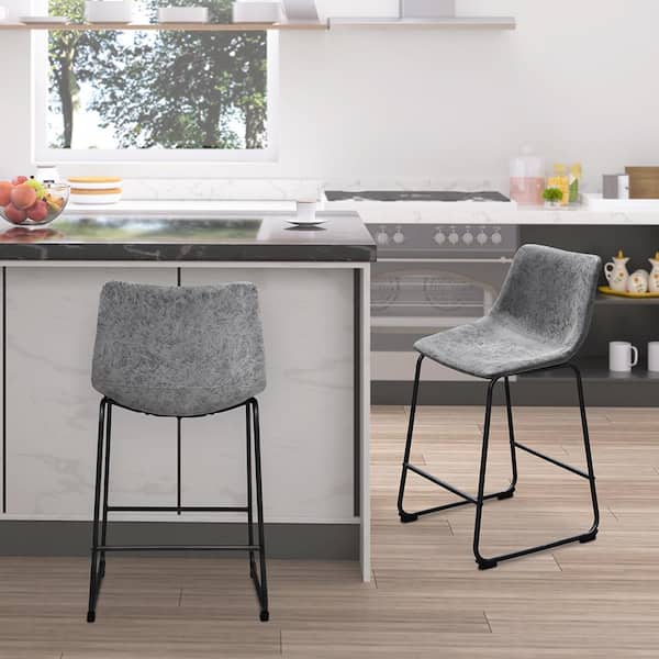 Maypex 24 in. Charcoal Faux Leather PU Upholstered Counter Bar Stools with Low Back and Foot Rest (set of 2)