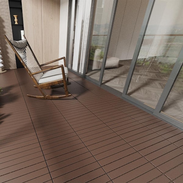 BTMWAY Brown DIY Striped Pattern 2 ft. x 1 ft. All-Weather Plastic Outdoor Interlocking Deck Tiles, Garage Floor Tiles(24-Pack)