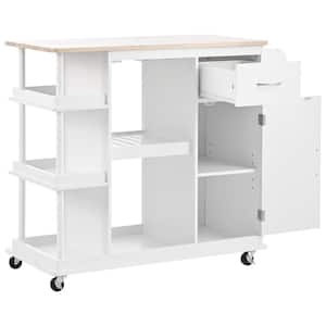 40 in. W x 17.50 in. D White Wood Kitchen Cart with Drawers; Locking Casters; Shelf; Spice Rack; Wheels