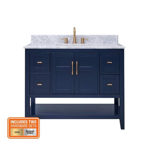Sturgess 43 in. Single Sink Navy Blue Bath Vanity with White Carrara Marble Top (Assembled)