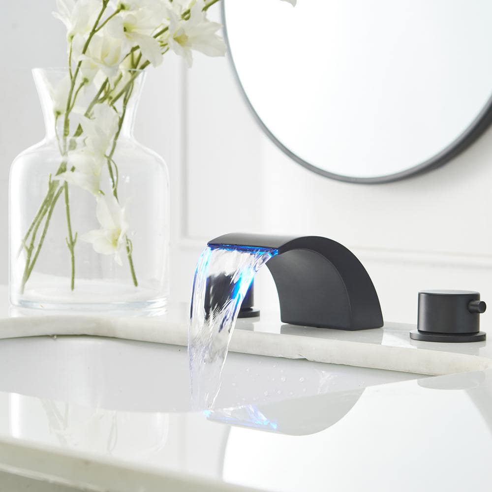 Matte Black Widespread Bathroom Faucet with LED Light and Pop Up Drain