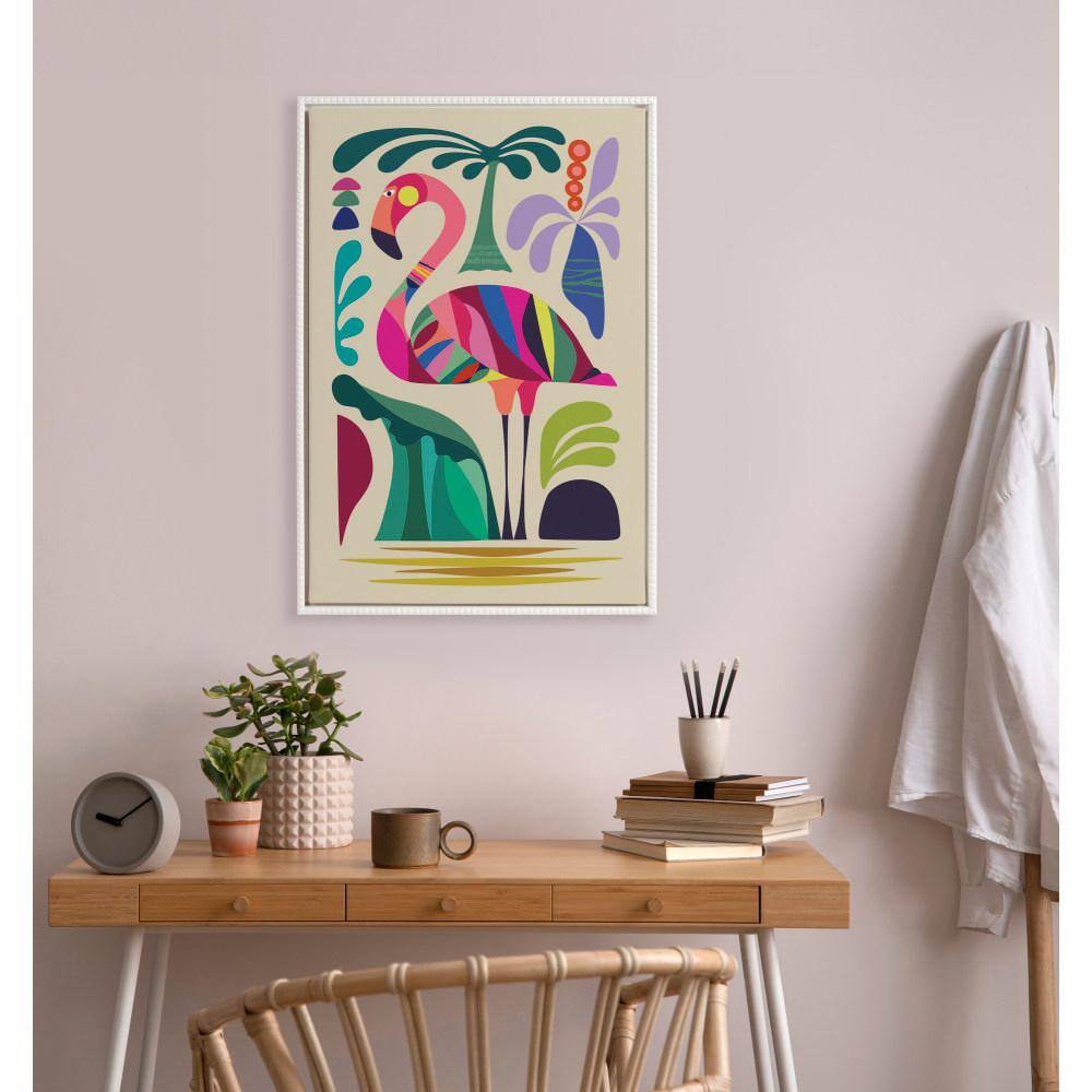 Colorful Mid-Century Modern Flamingo Canvas Art in White Frame