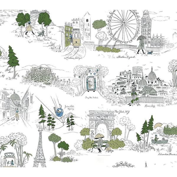 Travel Sketches Blue Globetrotter Premium Peel and Stick Wallpaper