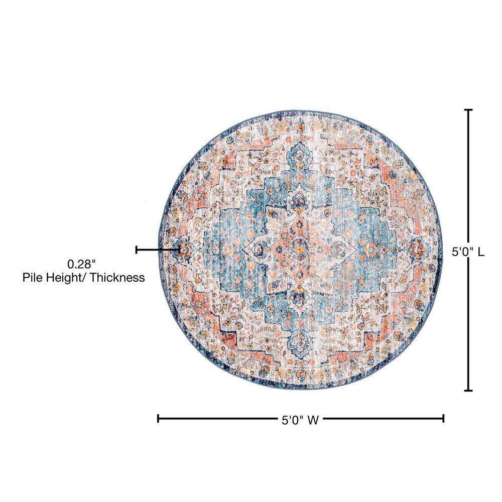 Sawyer Multi-Color Synthetic Round Vintage Area Rug, 5'