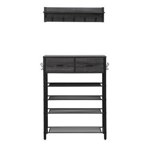 Black Entryway Shoe Shelf with 2-Drawers and Coat Rack, 1 Set Entryway Show Rack with Storage and Hooks ( 4-Tier)