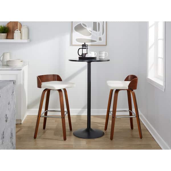 Lumisource Maya 29.25 in. Cream Fabric, Walnut Wood and Chrome Metal Fixed-Height Bar Stool (Set of 2)
