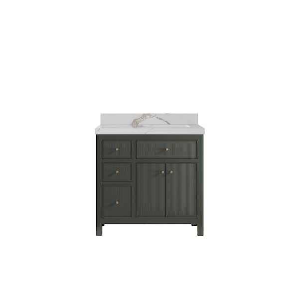 Willow Collections Sonoma 36 in. Right Sink Freestanding Pewter Green Bath Vanity with Calacatta Gold Quartz Top Unassembled