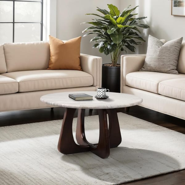 30 in. x 17 in. Brown Round Marble Top Coffee Table with Openwork Base