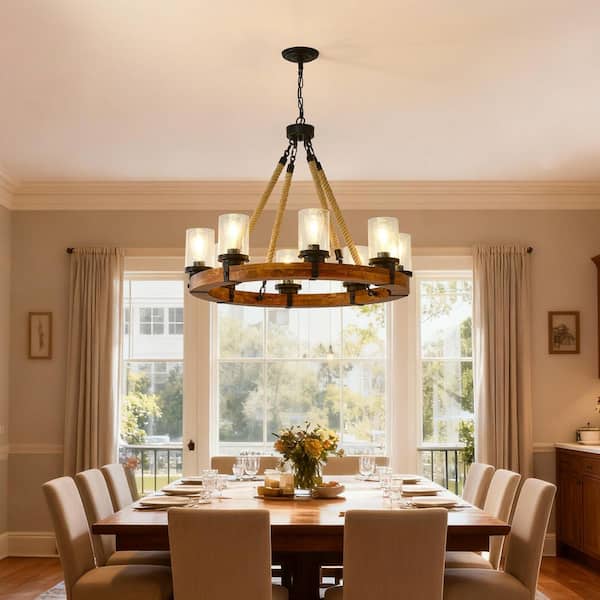 8-Light Wood Farmhouse Rustic Wagon Wheel Chandelier with Seeded Glass Shade, Pendant Fixture, Dining Room(No Bulbs)