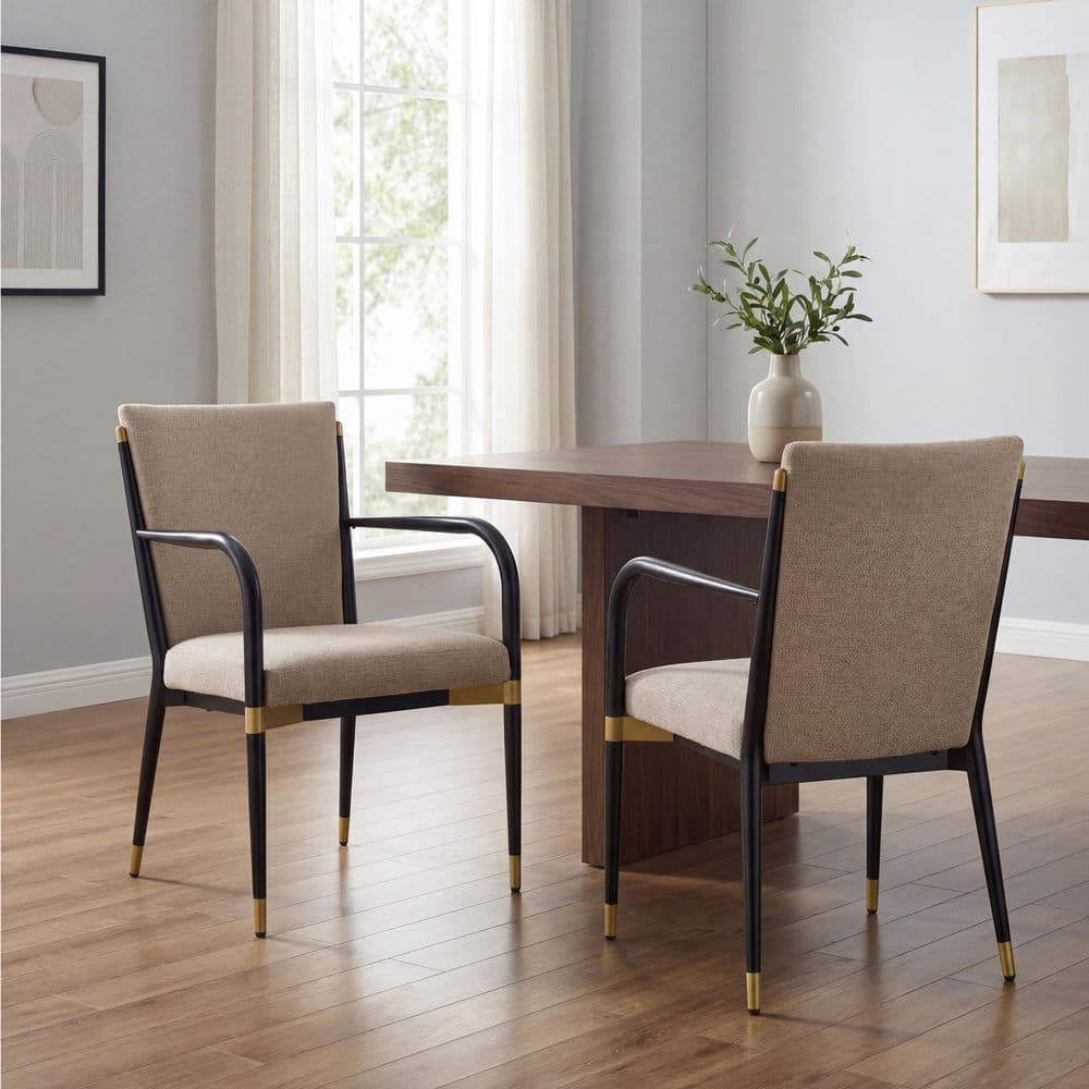 Brown and Black Modern Metal Frame Upholstered Fabric Gold Accents Arm Dining Chair Set of 2 price history on PriceWatchPro