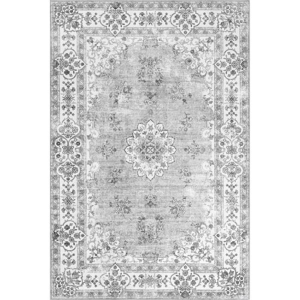 nuLOOM Ren Vintage Floral Machine Washable Gray 8 ft. x 10 ft. Area Rug