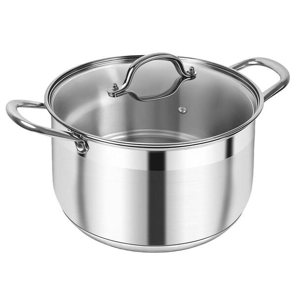 Silver 8 qt. Stainless Steel Stock Pot,  Heavy Duty Induction Cooking Pot with Visible Lid for Pasta, Soup, Spaghetti