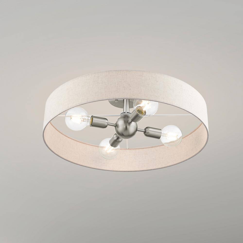 Elegant Brushed Nickel 4-Light Semi-Flush Drum with Oatmeal Fabric Shade