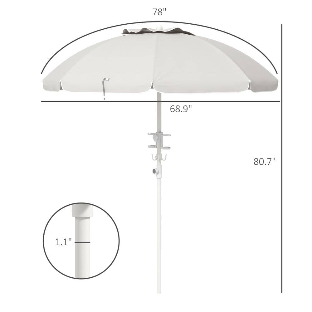 Cream White 5.7 ft Beach Umbrella with Cup Holders and Hooks