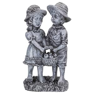 13 in. Boy and Girl Apple Picking Outdoor Garden Statue