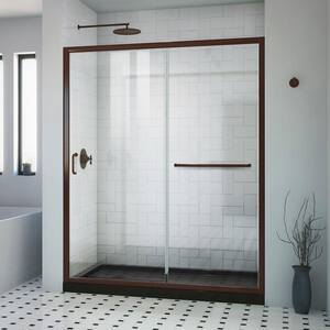 34 in. L x 60 in. W x 76 3/4 in. H Alcove Shower Kit with Sliding Semi-Frameless Shower Door in Bronze and LB Shower Pan