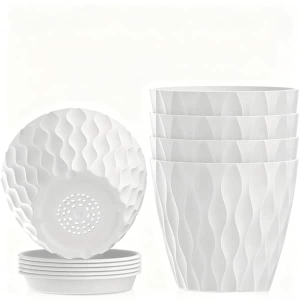 4 in Plastic Nursery Pots with Drainage Holes and Saucers White 5 Pack