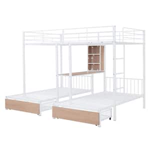 White Full Over Twin Twin Triple Bunk Bed with 2-Drawers, Desk and Shelves