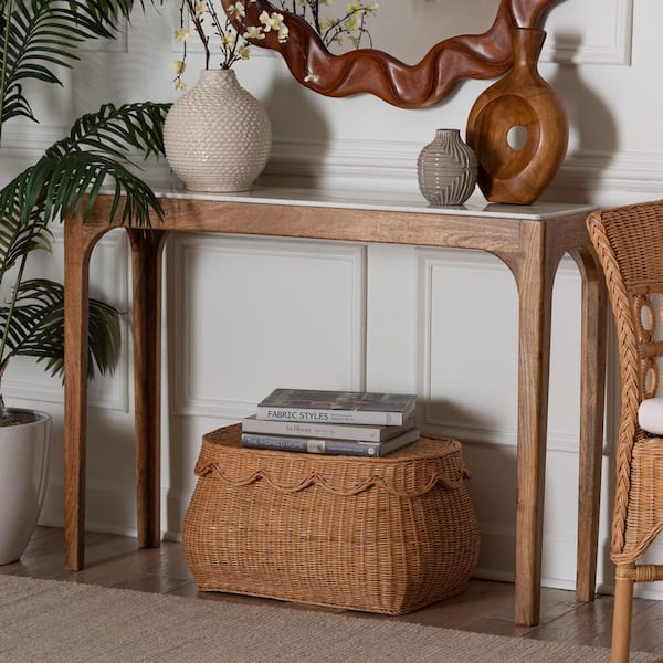 Lluvia 42 in. White and Walnut Brown Rectangle Marble Console Table