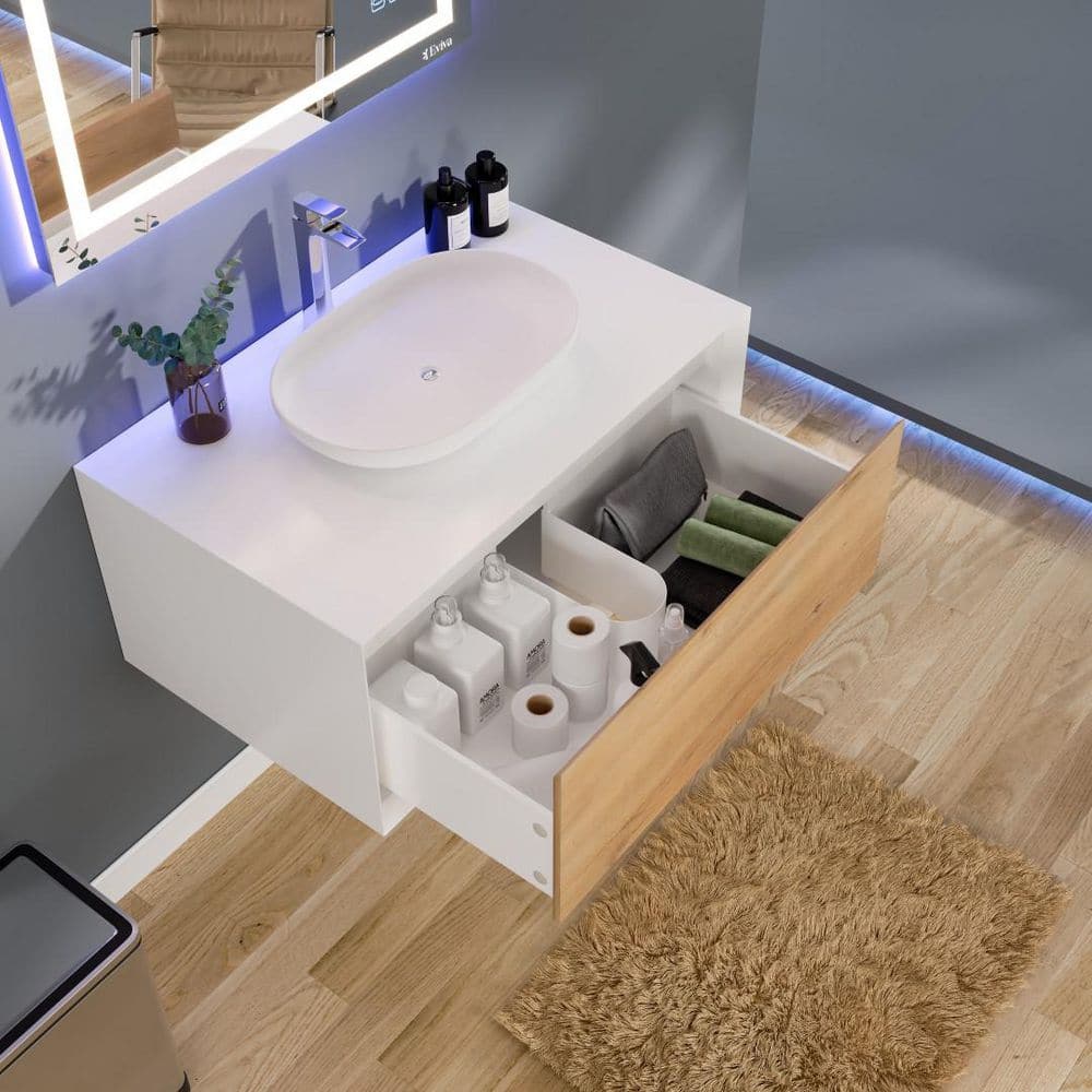 Santa Monica 36" White Oak Wall-Mount Vanity with Vessel Sink