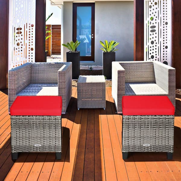 WELLFOR 2-Pack Wicker Outdoor Steel Frame Ottoman Seat with Red Cushions