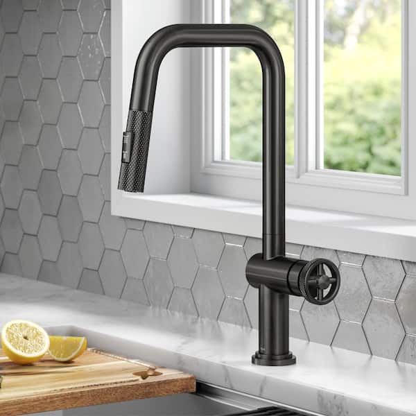 Urbix Industrial Pull-Down Single Handle Kitchen Faucet in Black Stainless Steel