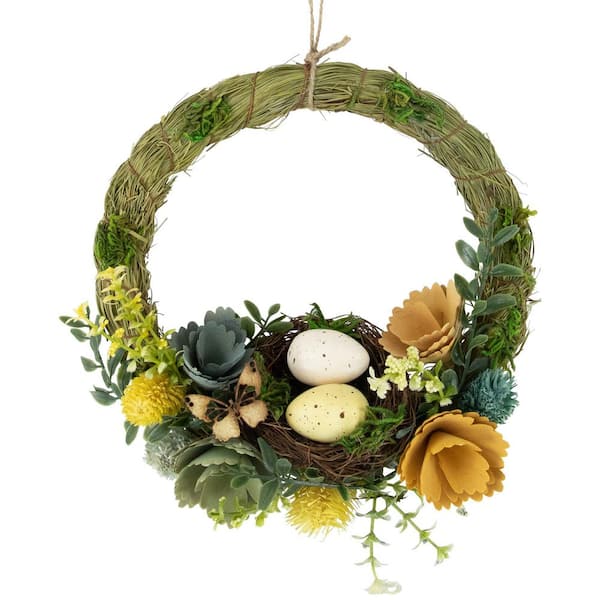 12 in. Artificial Easter Egg and Bird Nest Wreath with Wooden Flowers