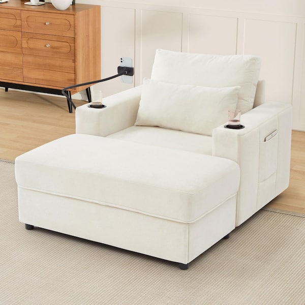 Beige Chenille Chaise Lounge Sofa with Storage Ottoman, USB Ports, Cup Holders, Phone Holder, Side Pockets