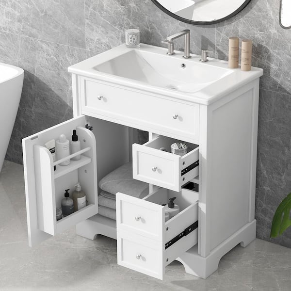 30 in. W x 18.3 in. D x 34 in. H Freestanding White Bath Vanity with White Ceramic Top and Single Sink