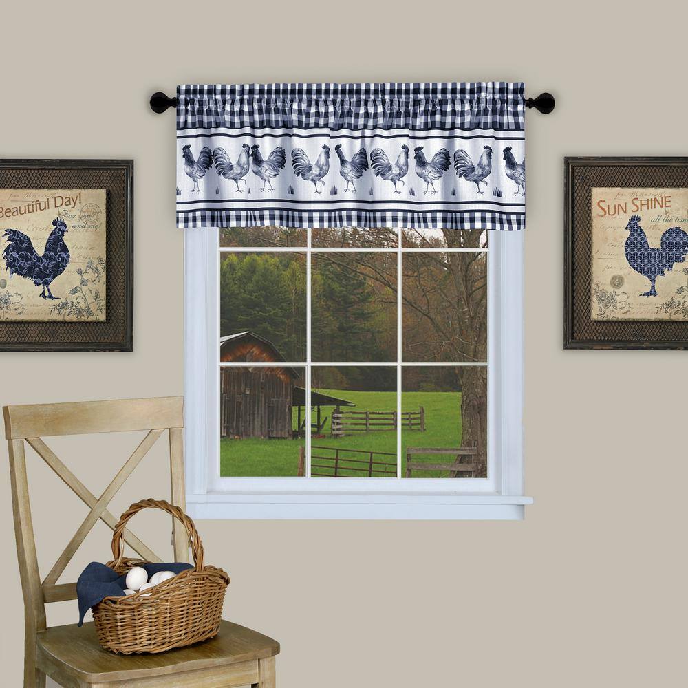 Navy Gingham Rooster Kitchen Curtain Tier Pair and Valance Set, 58 x 36