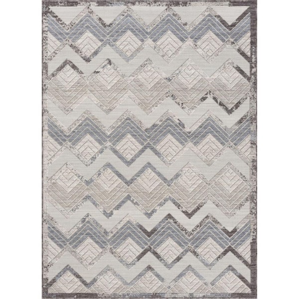 Blue, Ivory 8 ft. x 9 ft. Woven Chevron PET Polyester Rectangle Indoor/Outdoor Area Rug