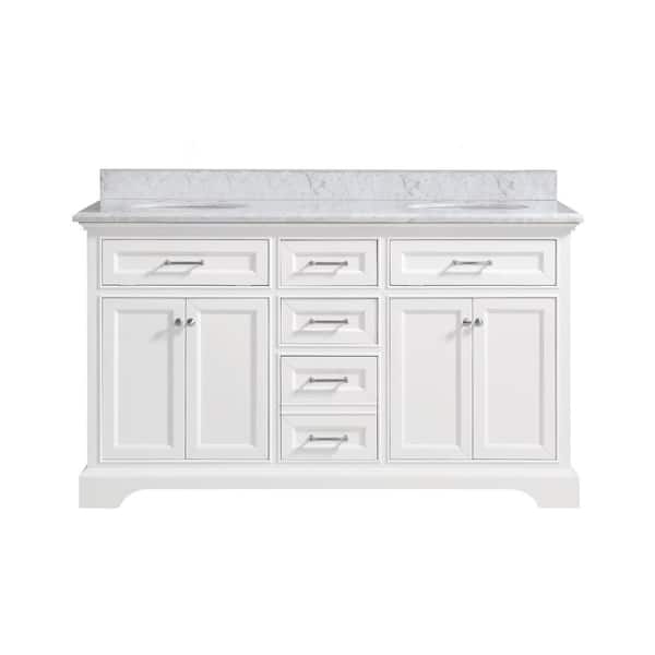 Windlowe 61 in. Double Sink White Bath Vanity with White Carrara White Marble Top (Assembled)