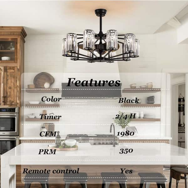 36 in. 10-Light Vintage Downrod Mount Fandelier Black Crystal Glass Caged Ceiling Fan with Remote Control (No Bulbs)