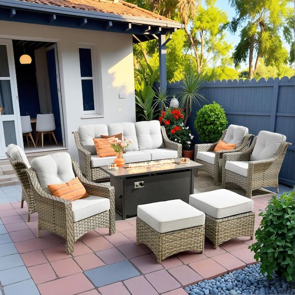 HOOOWOOO Cherry 8-Piece Wicker Outdoor Fire Pit Furniture Patio Conversation Sofa Seating Set with Light Grey Cushions