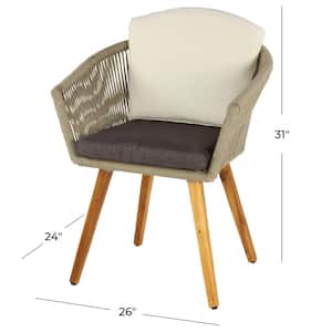 Light Brown Woven Rope Wood Outdoor Dining Chair with Polyester Cushions and Slender Tapered Legs (2- Pack)